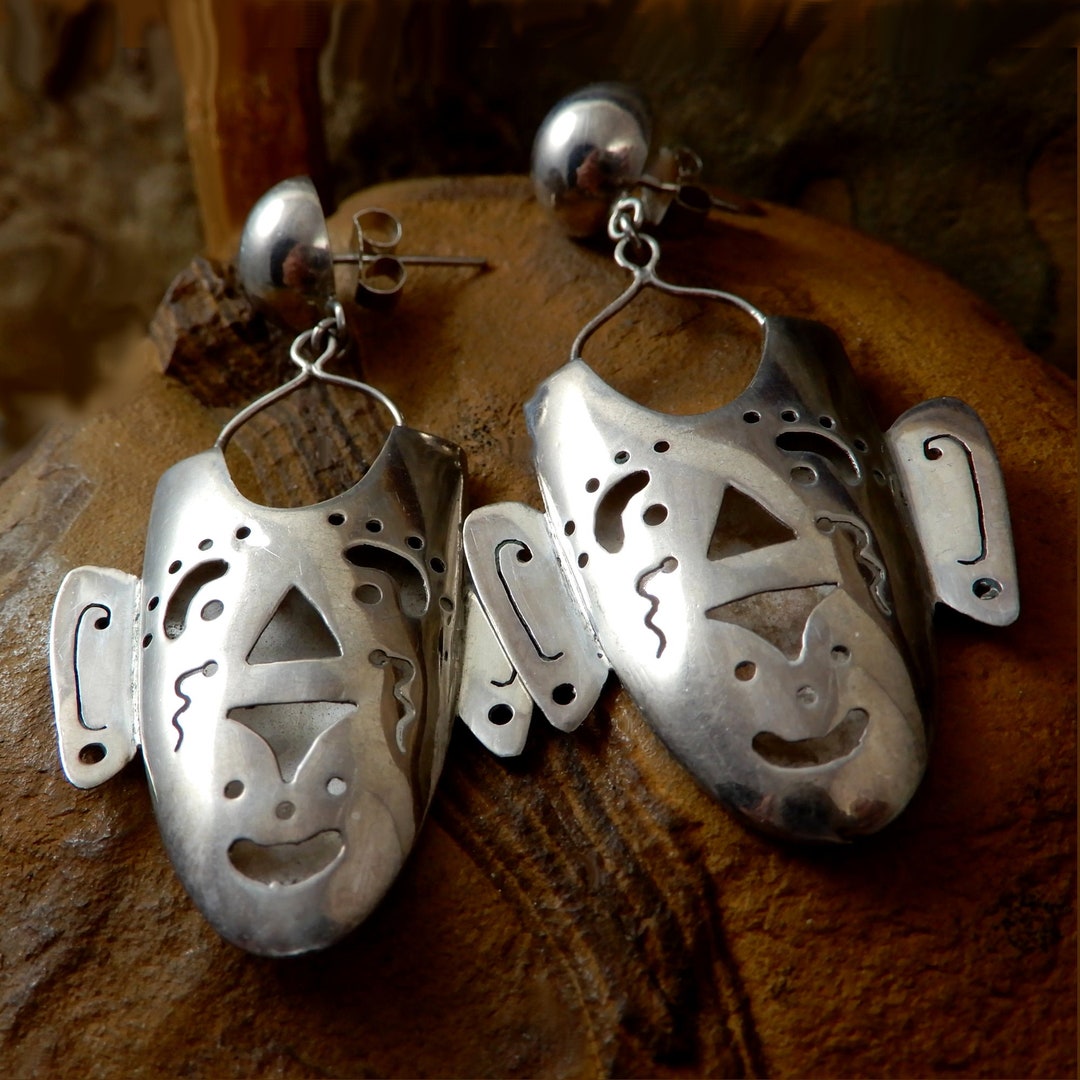 Mask Earrings Mid Century Vintage Sterling Post Dangle Etsy