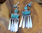Turquoise Earrings, Needlepoint, Signed Yuselew Marked Zuni, Sterling Silver, Professionally Tested, Dangle, Classic