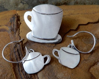 Coffee Cup Earrings, and Pin, Vintage Mexico, Anne Harvey, Sterling Silver, Mug, Barista, Java, Cup-a-Joe, Demi Parure, Broach Earrings