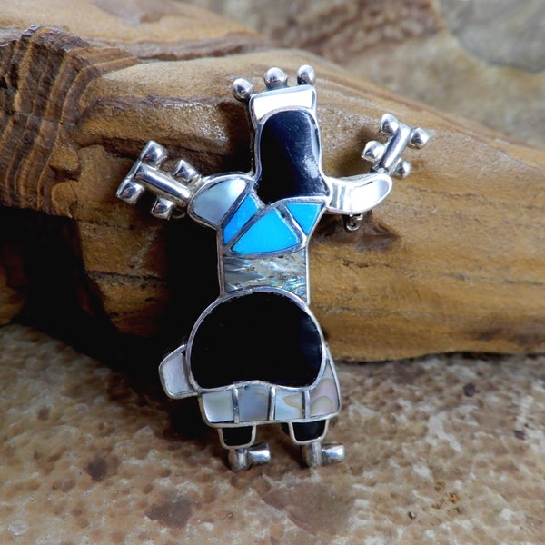 Kachina Pin, Vintage Sterling, Kachina Dancer, Native American, Mosaic Inlay, Turquoise, Black Onyx, Shell, Gilbert Ortega Enterprise