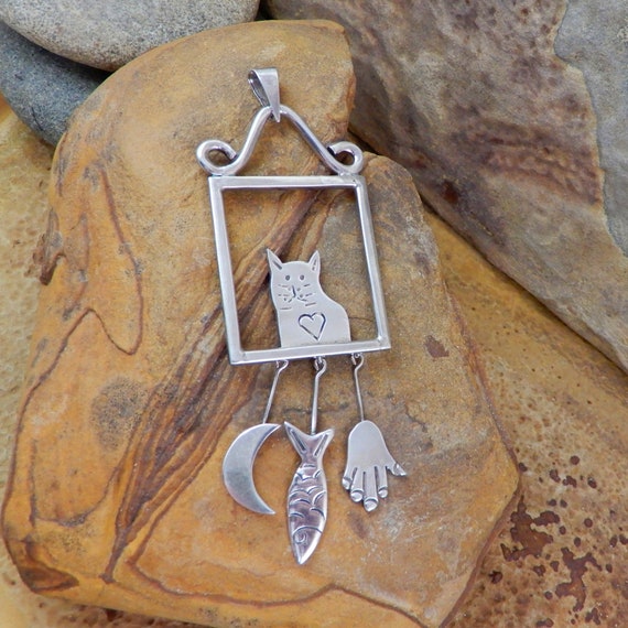 Cat in Window, Pendant, Mexico, Sterling, Dangles… - image 4