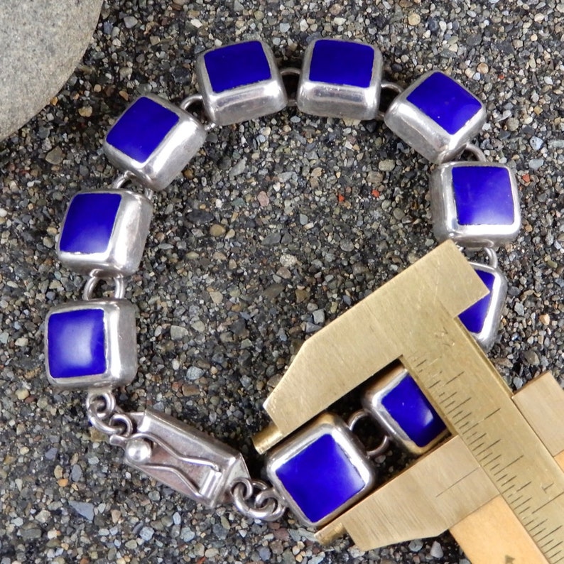 Cobalt Blue Taxco Mexico Vintage Deep Blue Gemstone Link Bracelet Sterling 925 Link Bracelet Locking Box Clasp Gift For Her