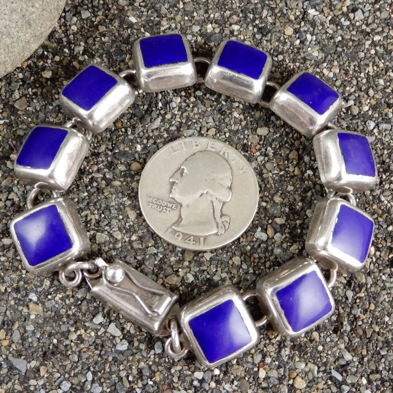 Cobalt Blue Taxco Mexico Vintage Deep Blue Gemstone Link Bracelet Sterling 925 Link Bracelet Locking Box Clasp Gift For Her