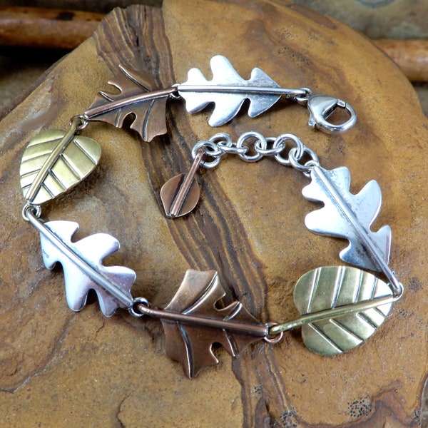 Leaves Bracelet, Anne and, Jane Harvey, Mexico, Copper Brass, Sterling Silver, Harvest, Fall, Autumn, Oak Leaf, Maple, Birch, Earthy, Woods