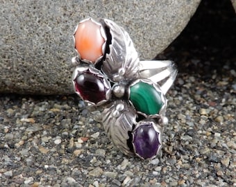 Ella Cowboy Ring, Navajo, Sterling Silver, US Size 7.25, Multi Gemstone, Cabochons, Malachite, Spiny Oyster, Amethyst, Sugilite, Vintage