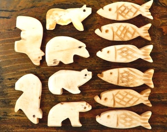 Fetish Beads, Bear and Fish, 12 Rustic Beads, Carved Bone, Southwest, Animal Beads, Totem Animals, Jewelry Making,