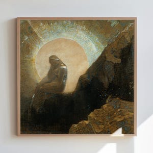 Arte de resplandor solar dorado radiante, dibujo de figura esperanzadora, impresión de halo simbolista, decoración sepia inspiradora, estudio vintage edificante, melancólico Redon