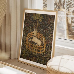 Unicorn Wall Art Print – Medieval Fantasy Garden Scene - Mystical Whimsical Creature - Floral Botanical Fairycore Aesthetic Home Decor