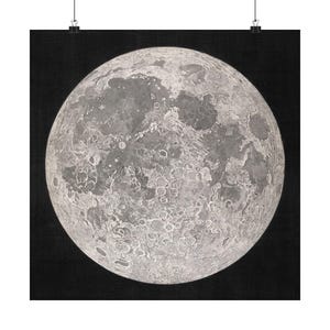 Lunar Planisphere Art - Black and White Celestial Map Decor - Vintage Astronomy - Hypothetical Oblique Light - Detailed Close Up of the Moon