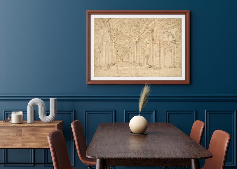 Italiaanse architectonische kunstafdruk - kathedraal van Rome lijnwerk tekening - Sint-Pietersbasiliek interieur - heilige plaats oude wereld - Vaticaanstad afbeelding 17
