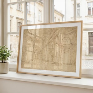 Op de afbeelding: Geraamde architectuurschets van een kathedraalinterieur. Het kunstwerk, in sepiatinten, toont gewelfde plafonds, zuilen en gedetailleerde architecturale elementen. De lijst is van lichtgekleurd hout en het kunstwerk wordt op een vensterbank getoond.