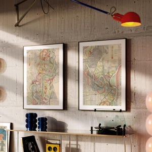 May include: Two framed vertical wall art prints featuring detailed topographical maps with winding river paths in shades of red, green, and blue. The prints are displayed in thin black frames against a textured gray concrete wall surface.