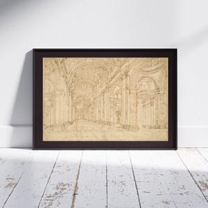 Italiaanse architectonische kunstafdruk - kathedraal van Rome lijnwerk tekening - Sint-Pietersbasiliek interieur - heilige plaats oude wereld - Vaticaanstad afbeelding 15