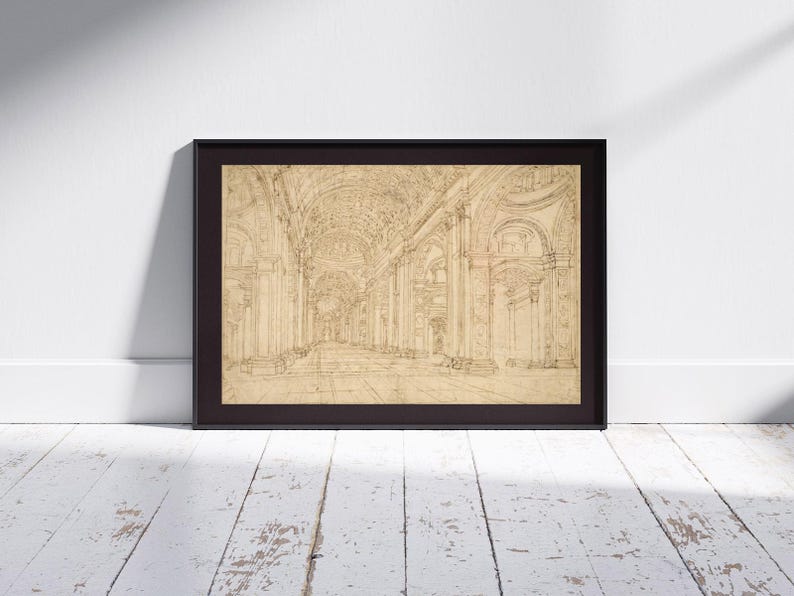 Italiaanse architectonische kunstafdruk - kathedraal van Rome lijnwerk tekening - Sint-Pietersbasiliek interieur - heilige plaats oude wereld - Vaticaanstad afbeelding 15