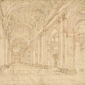 Op de afbeelding: Sepia-getinte architectuurtekening van een lange, gewelfde hal met bogen en zuilen. De perspectieflijnen convergeren naar een verre deuropening, waardoor diepte ontstaat. De ingewikkelde details van het plafond en de muren suggereren een klassieke of renaissancestijl.