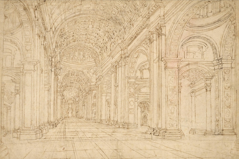 Op de afbeelding: Sepia-getinte architectuurtekening van een lange, gewelfde hal met bogen en zuilen. De perspectieflijnen convergeren naar een verre deuropening, waardoor diepte ontstaat. De ingewikkelde details van het plafond en de muren suggereren een klassieke of renaissancestijl.