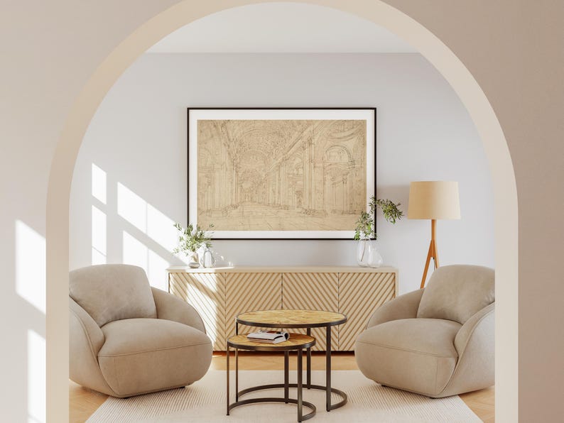 Italiaanse architectonische kunstafdruk - kathedraal van Rome lijnwerk tekening - Sint-Pietersbasiliek interieur - heilige plaats oude wereld - Vaticaanstad afbeelding 7