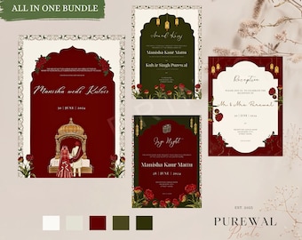 Sikh Wedding Invitation Template Set - Set of 4 Inserts + Free E-Vite Included | Regal Theme Sikh Wedding invites | Digital