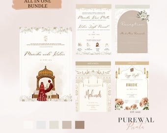 May include: A set of four wedding invitation cards with a traditional Indian theme. The cards are decorated with floral patterns, gold accents, and a watercolor illustration of a couple in traditional attire. The text on the cards includes the names "Manisha Kaur Mallu" and "Kulbir Singh Purewal", as well as the words "Reception", "Mehndi", and "Jacco".