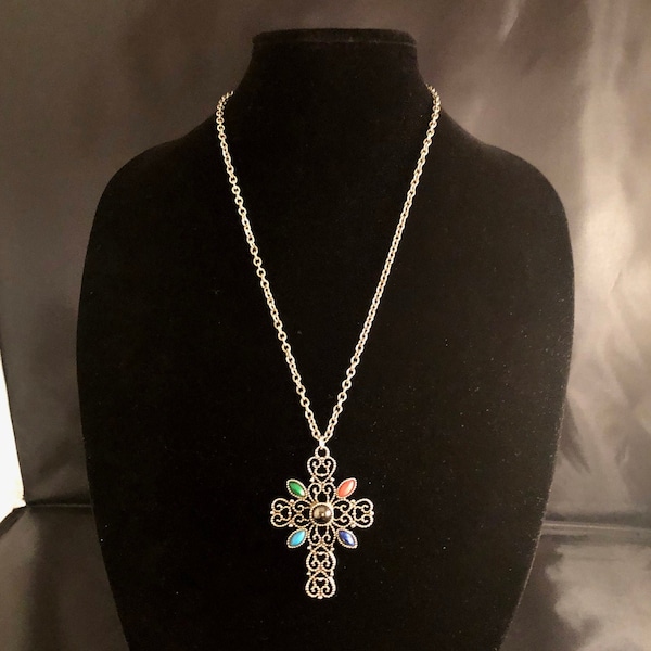 Vintage Cross Necklace by Avon Silver Ornate Metal Details Single One Strand Chain Green Red Bright Blue Turquoise Navy Black Cabochons