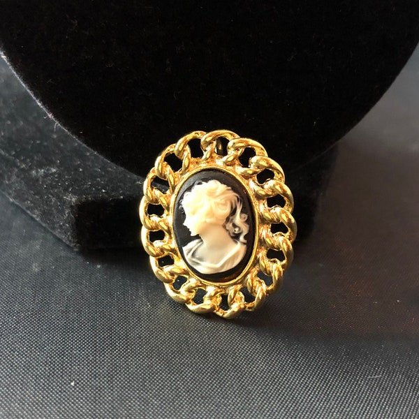 Small Cameo Brooch Pin Oval Shaped Gold Detailed Edge Black Background White Profile Resin Centers Vintage 1960's Costume Statement Jewelry