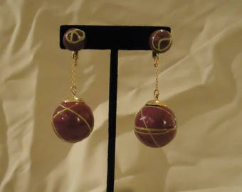 Purple Plum Dangle Style Clip On Earrings Avocado Green Paint Splashes Splatters Drop Style Gold Chain Vintage 1970&#39;s Statement Boho Jewelry