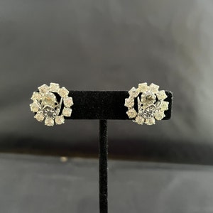 Vintage Rhinestone Clip On Earrings Clear Crystals Rhinestones Silver Filigree Flower Centers Round Shaped 1950&#39;s Gift for Her Him