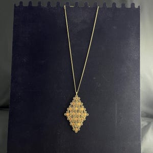 Vintage Gold Filigree Pendant Necklace by Sarah Coventry, Large Diamond Shape Statement Jewelry, Retro 1960s Bold Geometric Chain Necklace