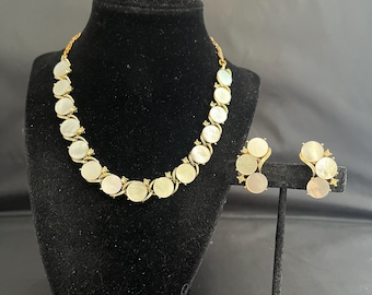 Vintage Lisner Mother of Pearl Necklace and Earrings Set, Gold Tone Round Cabochons, 1950s Elegant Statement Jewelry Gift Set