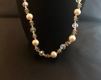 Vendome Necklace Gold Discs Clasp Iridescent Faceted Glass Beads Cream Beige Off White Beads Single One Strand Vintage 1960's Jewelry