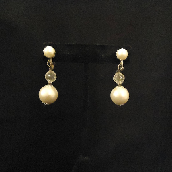 White Clear Clip On Earrings Made in Hong Kong Pearl Plastic Resin Acrylic Beads Dangle Drop Style Vintage 1970s Costume Jewelry Accessories