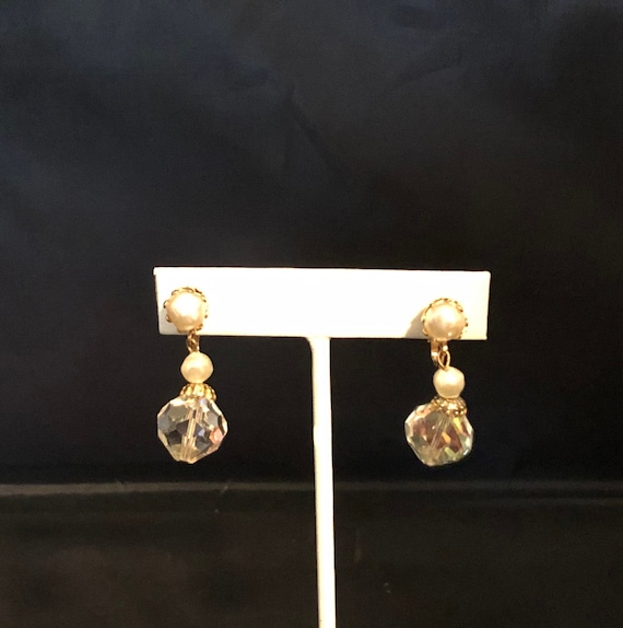 DINNER DANCE Vintage Rhinestone Pearl Silver Dangle Drop Mid Century 1950s Long Clip On Earrings