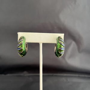 May include: A pair of green and blue enamel hoop earrings. The earrings have a curved design with a glossy finish. The green enamel is accented with blue and silver details. The earrings are displayed on a white stand against a dark background.