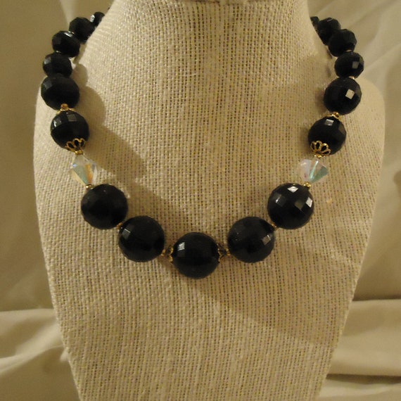 Single One Strand Beaded Necklace Black Faceted R… - image 2