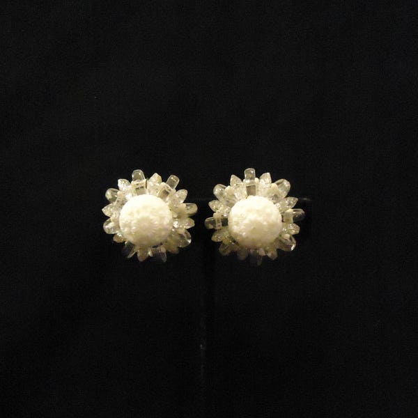 Cluster Style Clip On Earrings Made in W Germany White Resin Centers Pressed Flower Details Clear Glass Resin Beaded Detail Edges Vintage