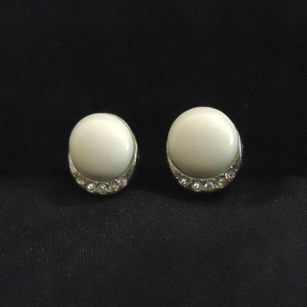 Clip On Earrings Made in Japan White Cabochons Rhinestone Details Vintage 1960's Statement Jewelry Gift for Her Him