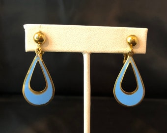 Lightweight Bright Blue Clip On Earrings Turquoise Teardrops Gold Metal Details Vintage 1970's Costume Statement Jewelry Accessories