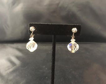 Vintage Aurora Borealis Crystal Drop Earrings | Clip-On Rhinestone Dangle Earrings | 1950s Mid-Century Jewelry Gift for Her