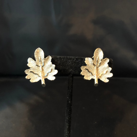 BSK Signed Clip On Earrings Gold Leaves Pressed S… - image 1