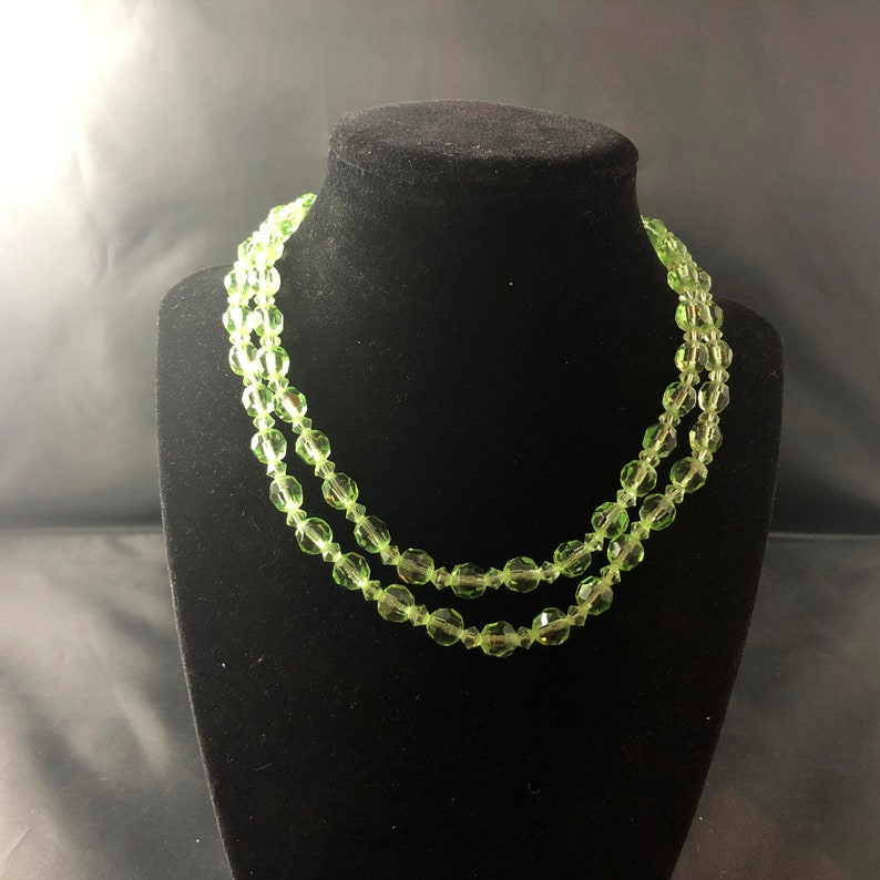 Translucent Green Glass Beaded Necklace Two Multi Strands Faceted Round Bicone Shaped Beads Silver Details Hook Clasp 1950/'s Costume Jewelry