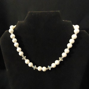 Single Strand Necklace Flat White Pearls Clear Glass Crystals Round Bicone Beads Choker Style One Strand Vintage 1960&#39;s Costume Jewelry