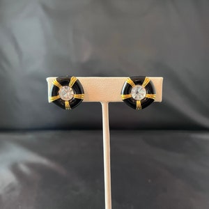 Black Gold Small Clip On Earrings Pentagon Shaped Clear Glass Rhinestones Enamel Paint Gold Lines Vintage 1980s Jewelry Elsysvintage