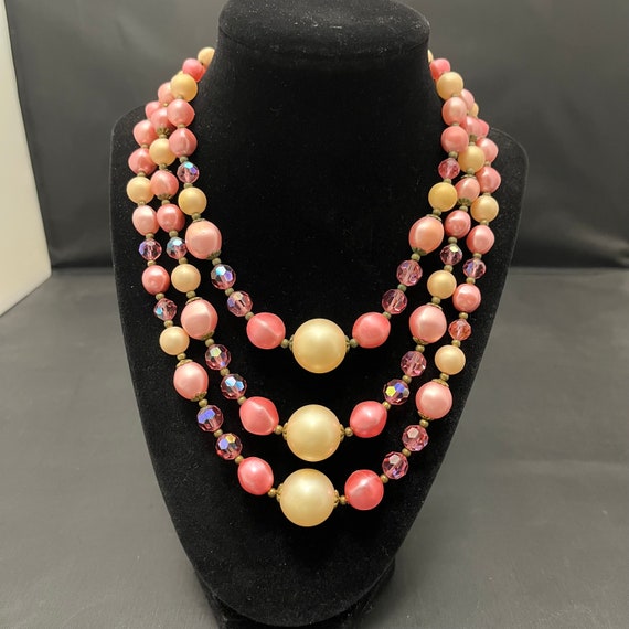 Vintage Multi Strand Necklace Pink White Pearls G… - image 2