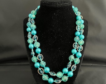 Vintage Hong Kong Beaded Necklace Aqua Blue Resin Beads Gold Tone Double Strand Mid Century Statement