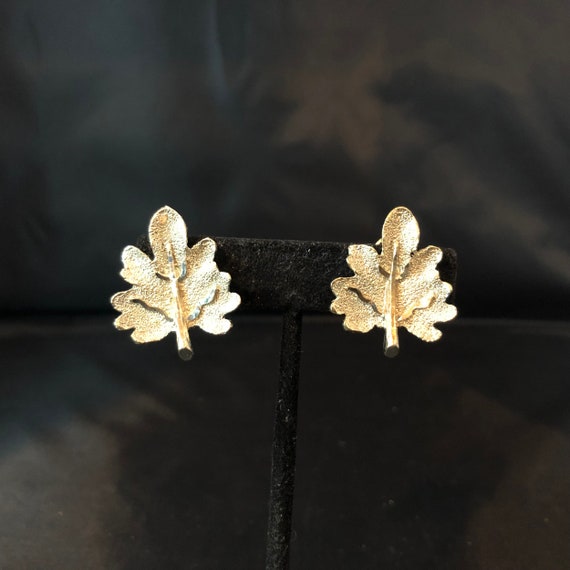 BSK Signed Clip On Earrings Gold Leaves Pressed S… - image 2