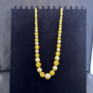 Yellow Necklace Made in Hong Kong Large Pearl and Crackled Beads Graduated Sizes Adjustable Length Hook Clasp Gift for Her Him