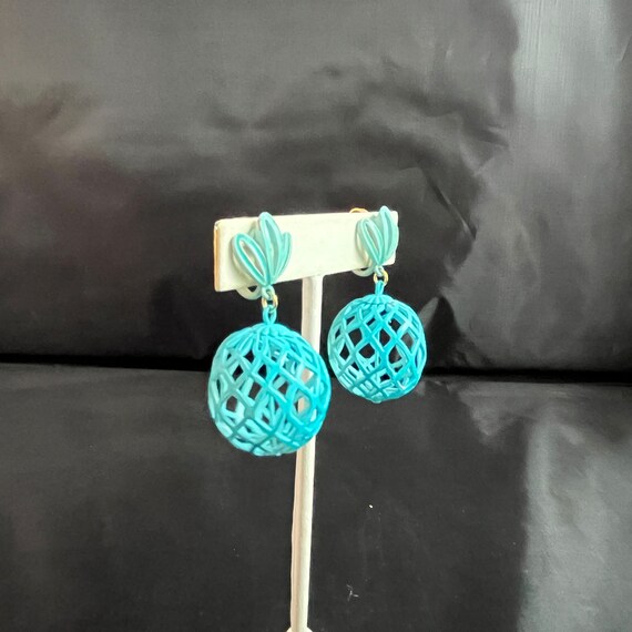 Bright Blue Clip On Earrings Round Ball Cage Like… - image 4