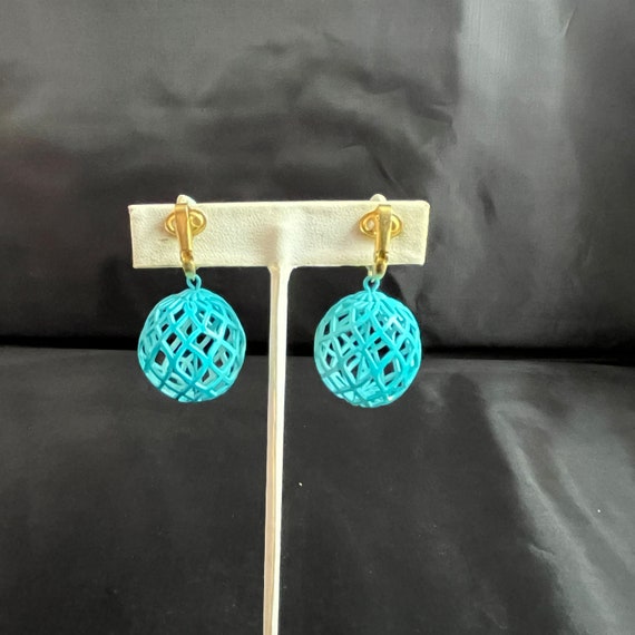 Bright Blue Clip On Earrings Round Ball Cage Like… - image 6