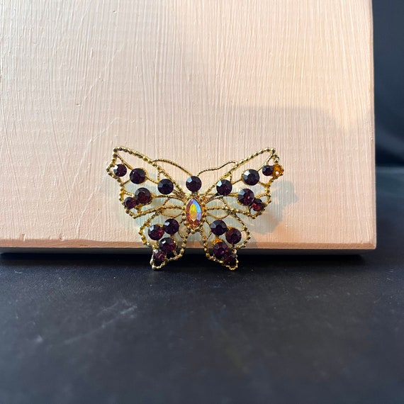 Rhinestone Butterfly Brooch Pin Dark Purple Ameth… - image 2
