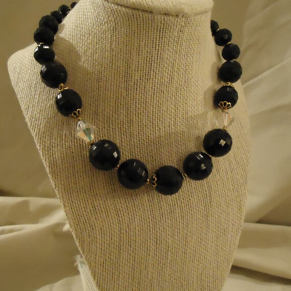 Single One Strand Beaded Necklace Black Faceted R… - image 3